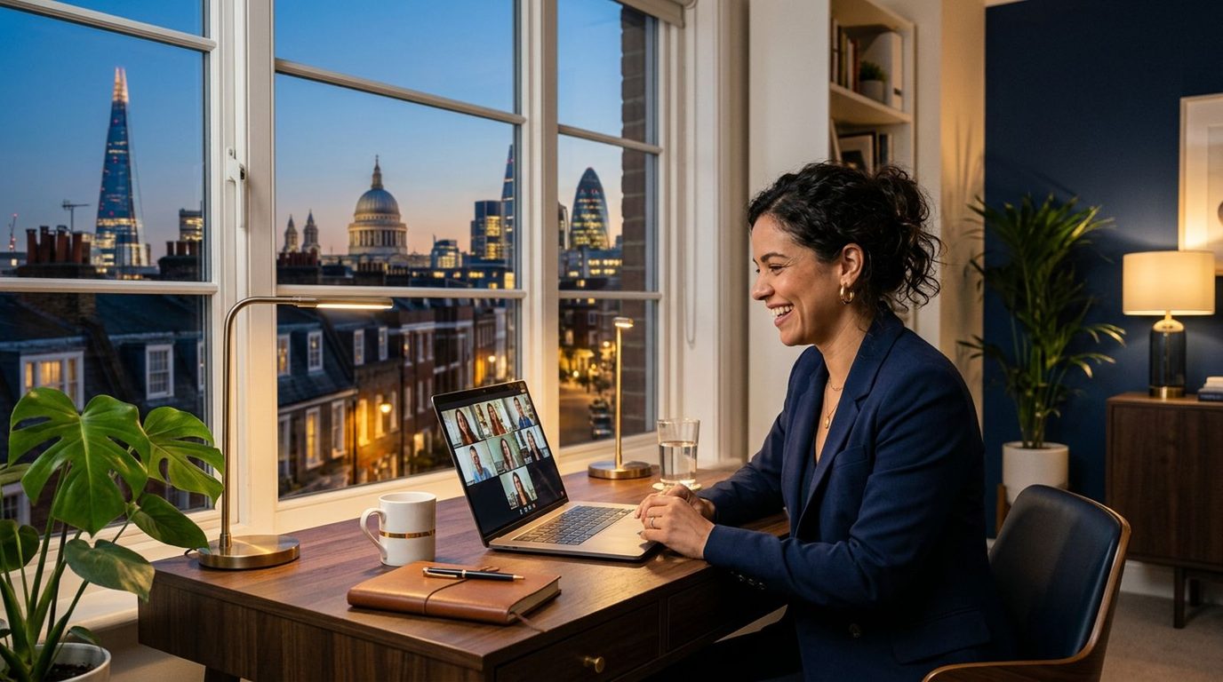 Brasileira em videochamada de validação de identidade em um escritório com vista para Londres